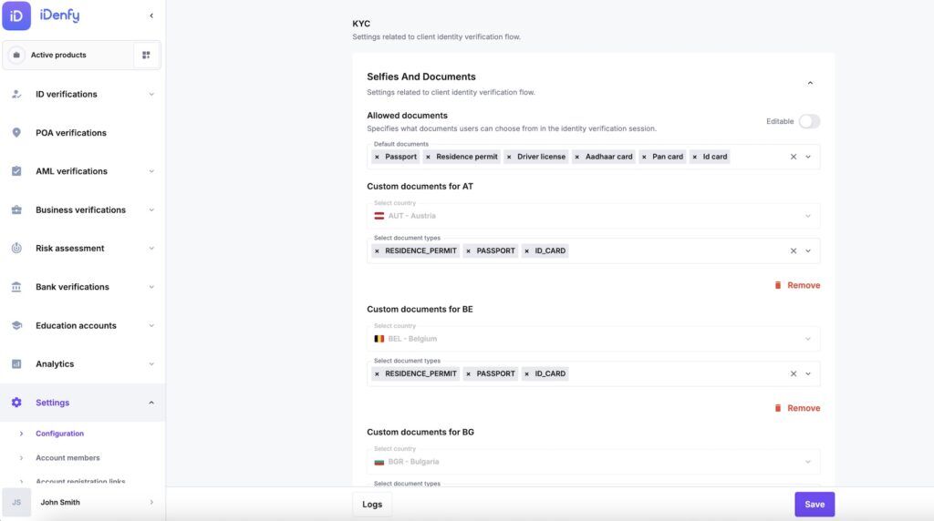 Supported countries configuration in iDenfy dashboard.
