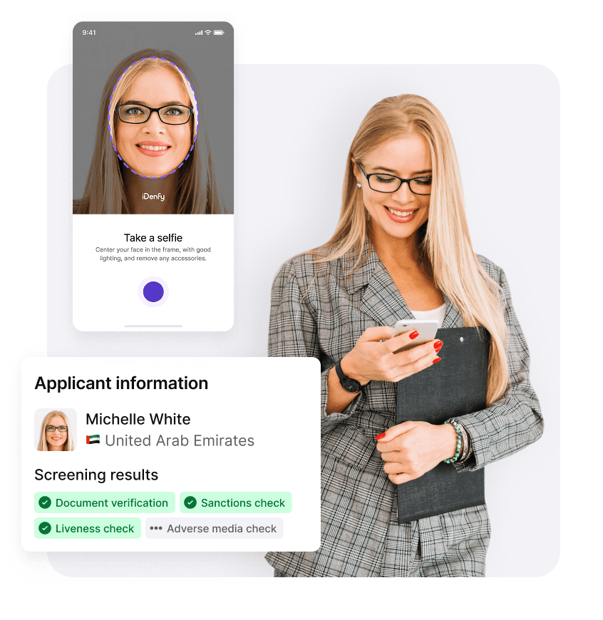 iDenfy document verification: selfie capture and applicant screening results