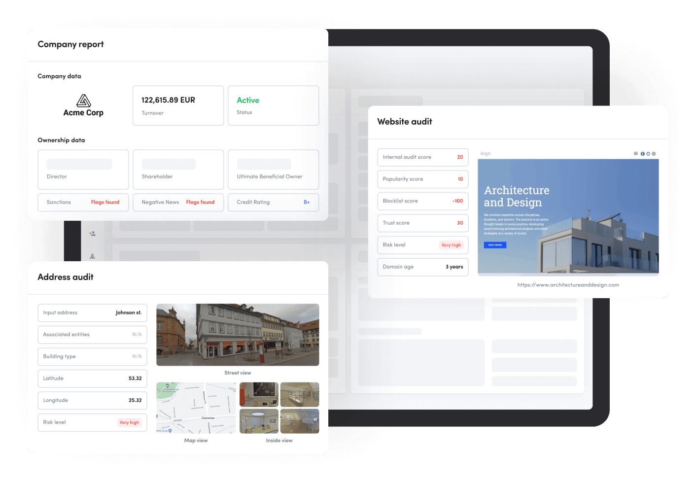 Business verification dashboard example showing company report data, website and address audit.