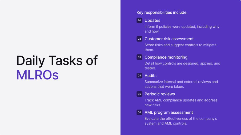 Infographic listing the daily tasks of MLROs.