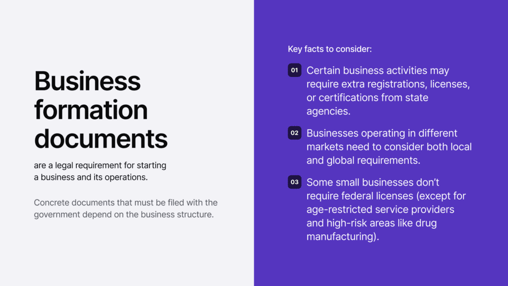 Infographic highlighting key facts to consider about business formation documents. 