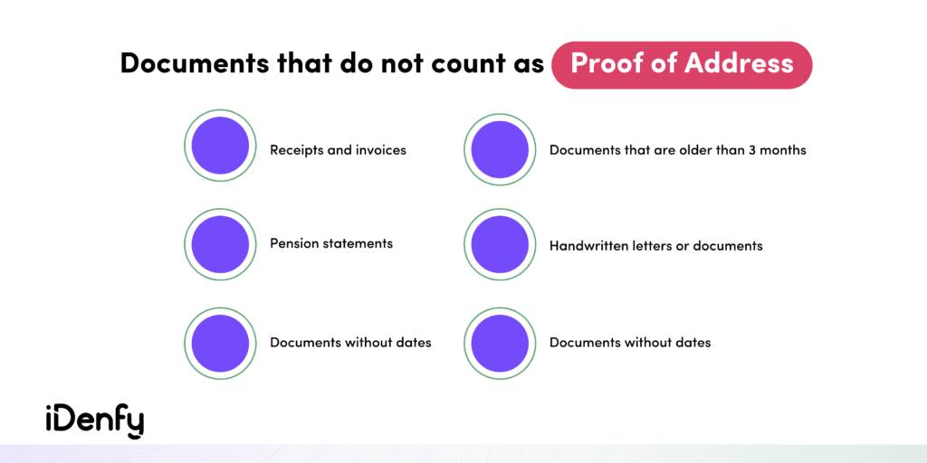 Receipts, invoices, pension statements, documents without dates, handwritten letters or documents do not count as PoA.