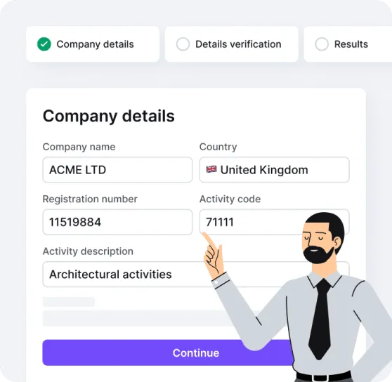 Example of filled-out company details like company name, country, registration number, and activity code.