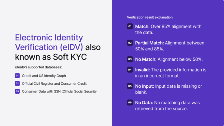 Infographic on eIDV depicting the databases utilized by iDenfy and the categories of verification results.