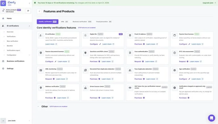 iDenfy dashboard showing the full list of available verification products and features.