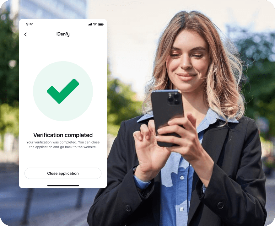 iDenfy account verification: identity check completed on a mobile device