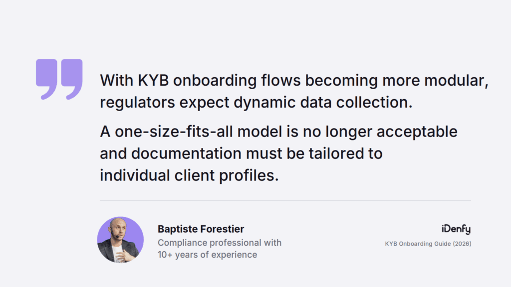With KYB onboarding flows becoming more modular, regulators expect dynamic data collection. A one-size-fits-all model is no longer acceptable and documentation must be tailored to individual client profiles. — Baptiste Forestier