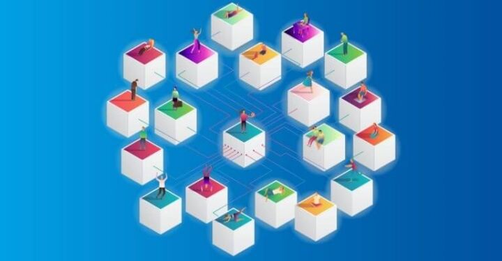 Illustration of a collection of blocks connecting with each other.