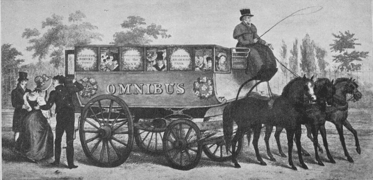 Illustration of an old horse-drawn omnibus. 