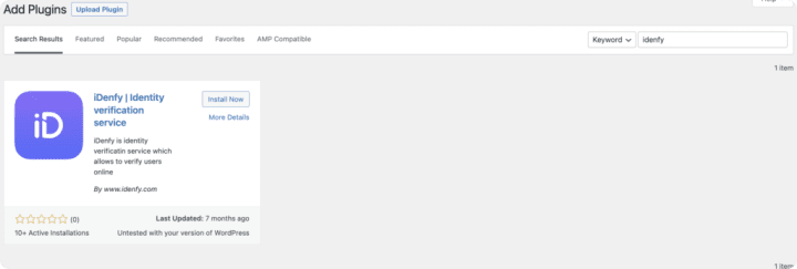 A screenshot of the iDenfy plugin is in the WordPress plugin section.