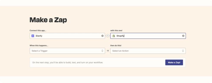 Screenshot of connecting Shopify and iDenfy via Zapier.