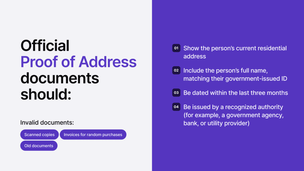 Infographic summarising what proof of address documents should have.