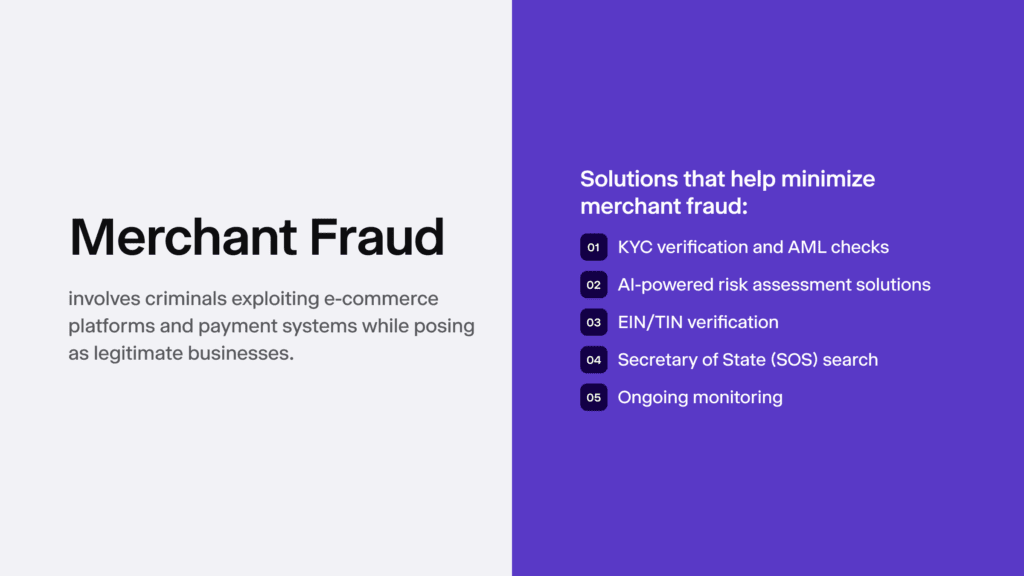 Infographic explaining merchant fraud on the left, with solutions to minimize it on the right.