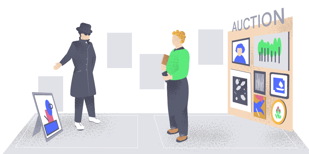 A suspicious art dealer presenting a painting to a buyer at an auction, highlighting risks of fraud in the art market.
