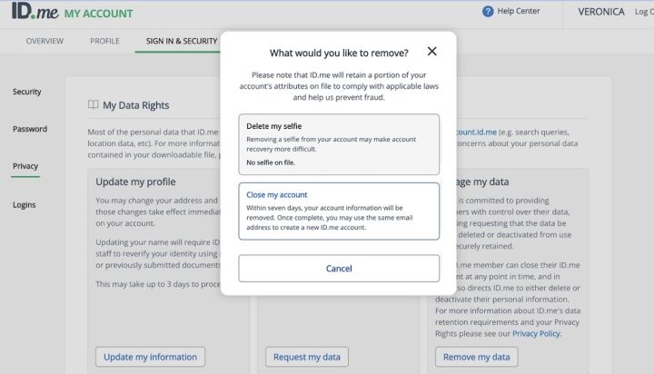 Dashboard of ID.me