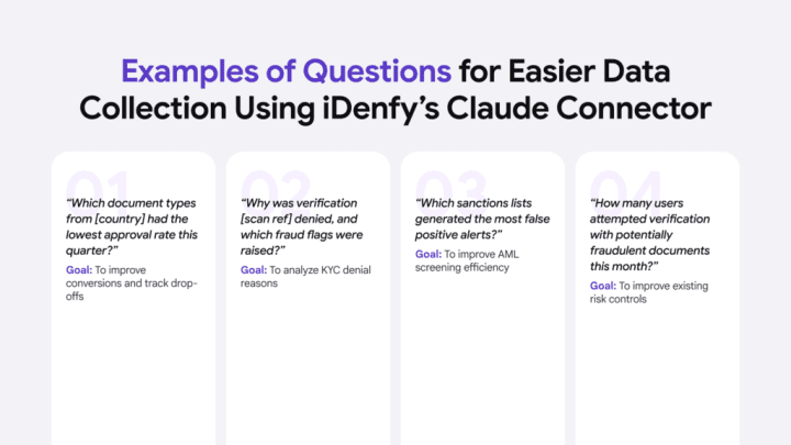 Examples of natural-sounding conversation-like questions you can ask on Claude using iDenfy's MCP and official connector for KYC/KYB and AML compliance.