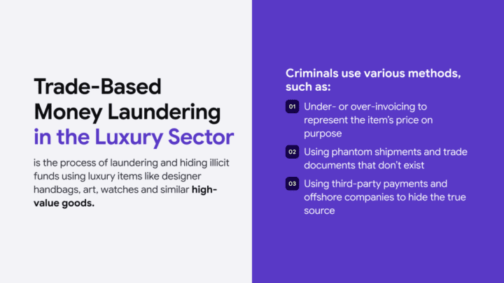 Key tactics that describe what trade-based money laundering is and how it works when luxury assets and high-value goods are used to hide dirty cash. 