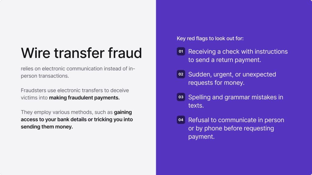 Infographic summarising wire transfer fraud and key red flags to look out for.