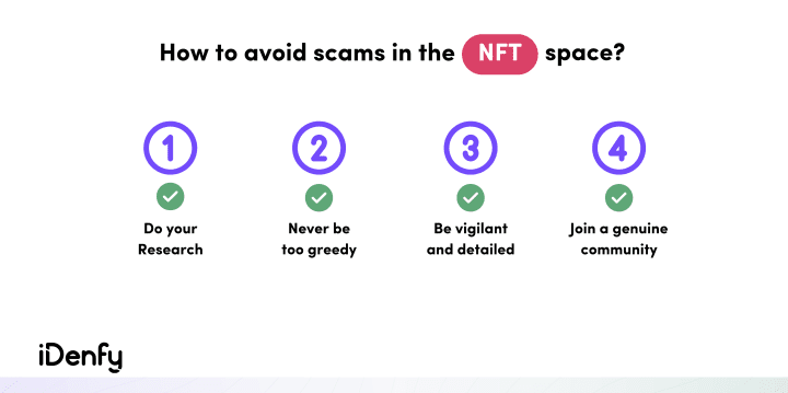Avoid NFT scams by doing your research, never being too greedy, being vigilant and detailed, and joining a genuine community.