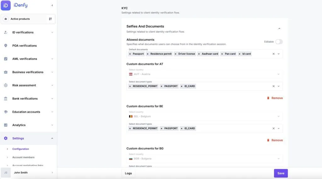 Supported countries configuration in iDenfy dashboard.