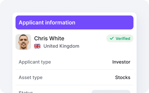 Example of a verified applicant, showing name, country, applicant type, and asset type.