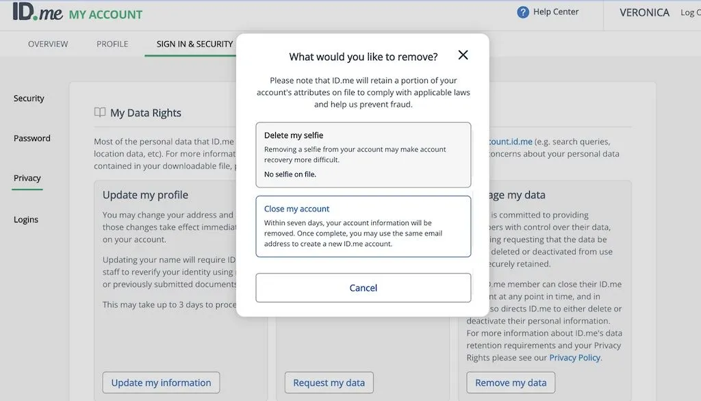 Dashboard of ID.me
