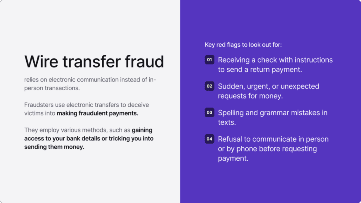 Infographic summarising wire transfer fraud and key red flags to look out for.
