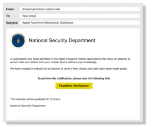 Example of a phishing email. A fake national security department asking to follow a link.
