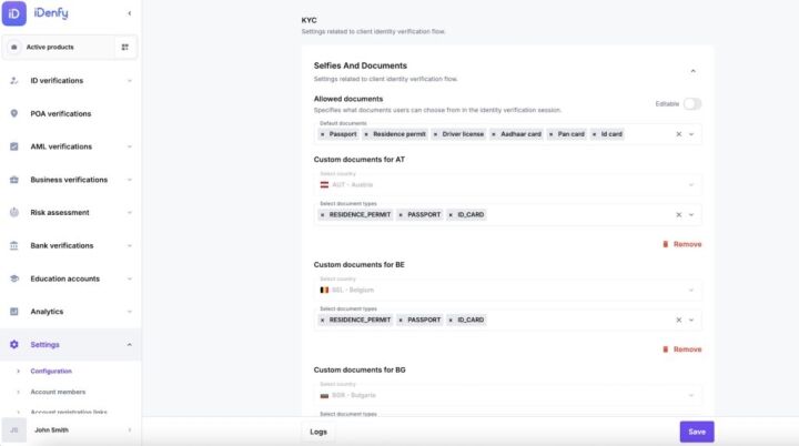 Supported countries configuration in iDenfy dashboard.
