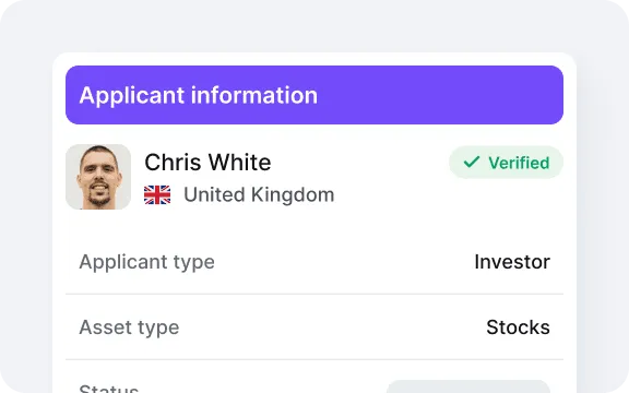 Example of a verified applicant, showing name, country, applicant type, and asset type.
