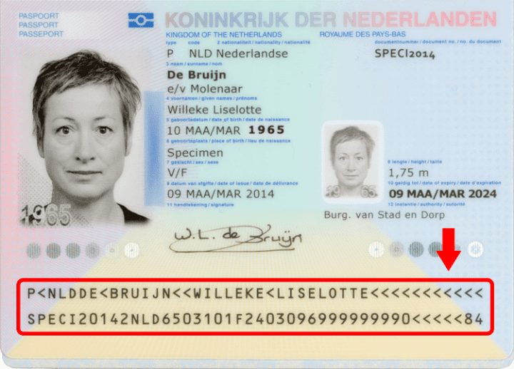Example of a passport with the machine-readable zone highlighted.
