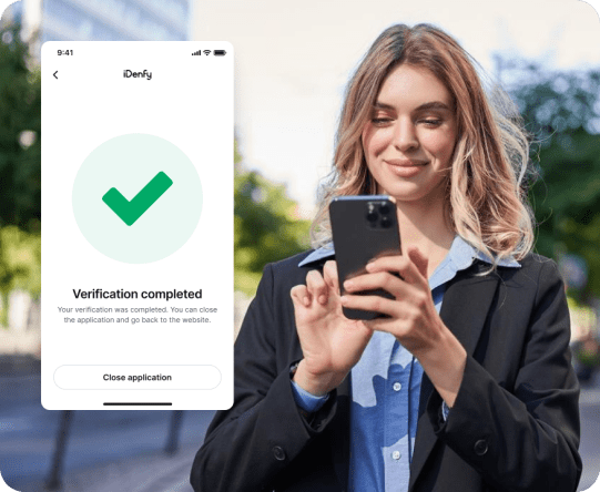 iDenfy account verification: identity check completed on a mobile device