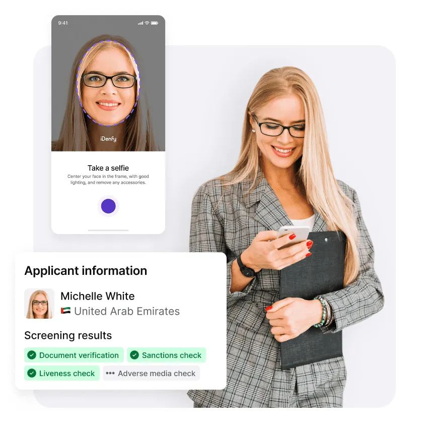 iDenfy document verification: selfie capture and applicant screening results