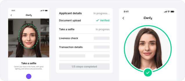 iDenfy mobile app screens showing the selfie and liveness verification steps