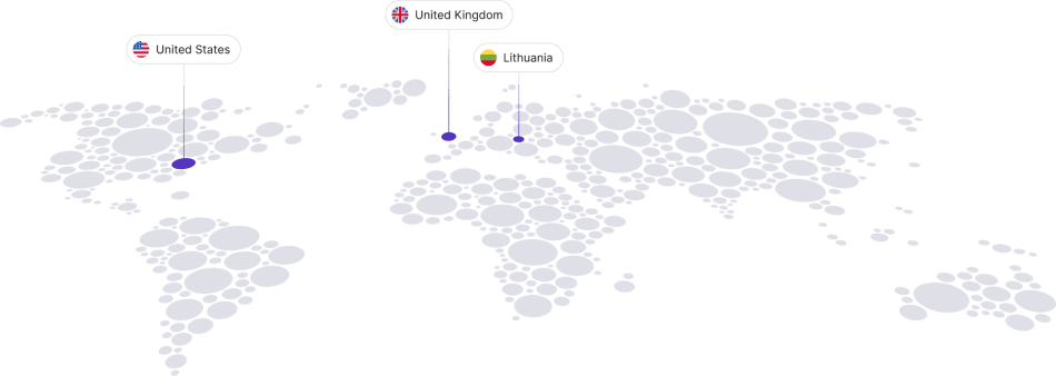 A map of the world with three countries marked: Lithuania, United Kingdom, and the USA.
