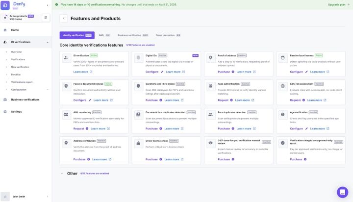 iDenfy dashboard showing the full list of available verification products and features.