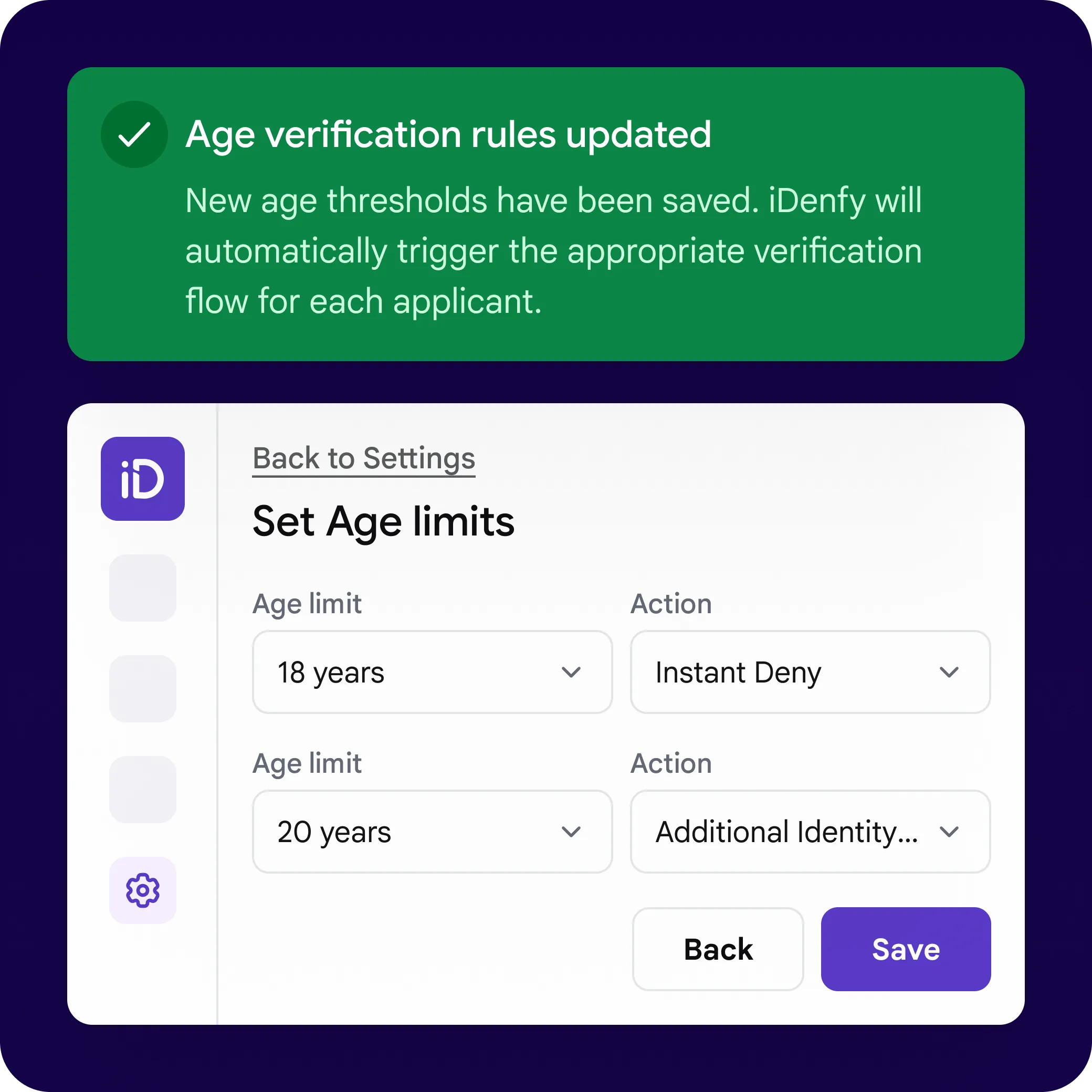 iDenfy age buffer dial showing green pass zone, yellow escalation zone, and red block zone