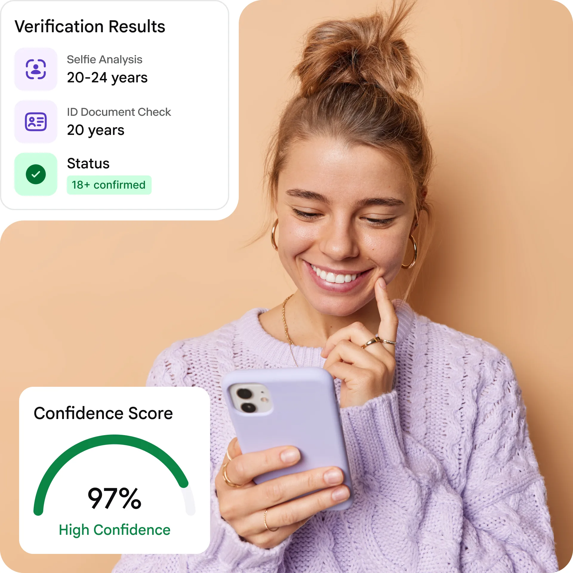 iDenfy age estimation: selfie captured, AI returns age group result, access granted