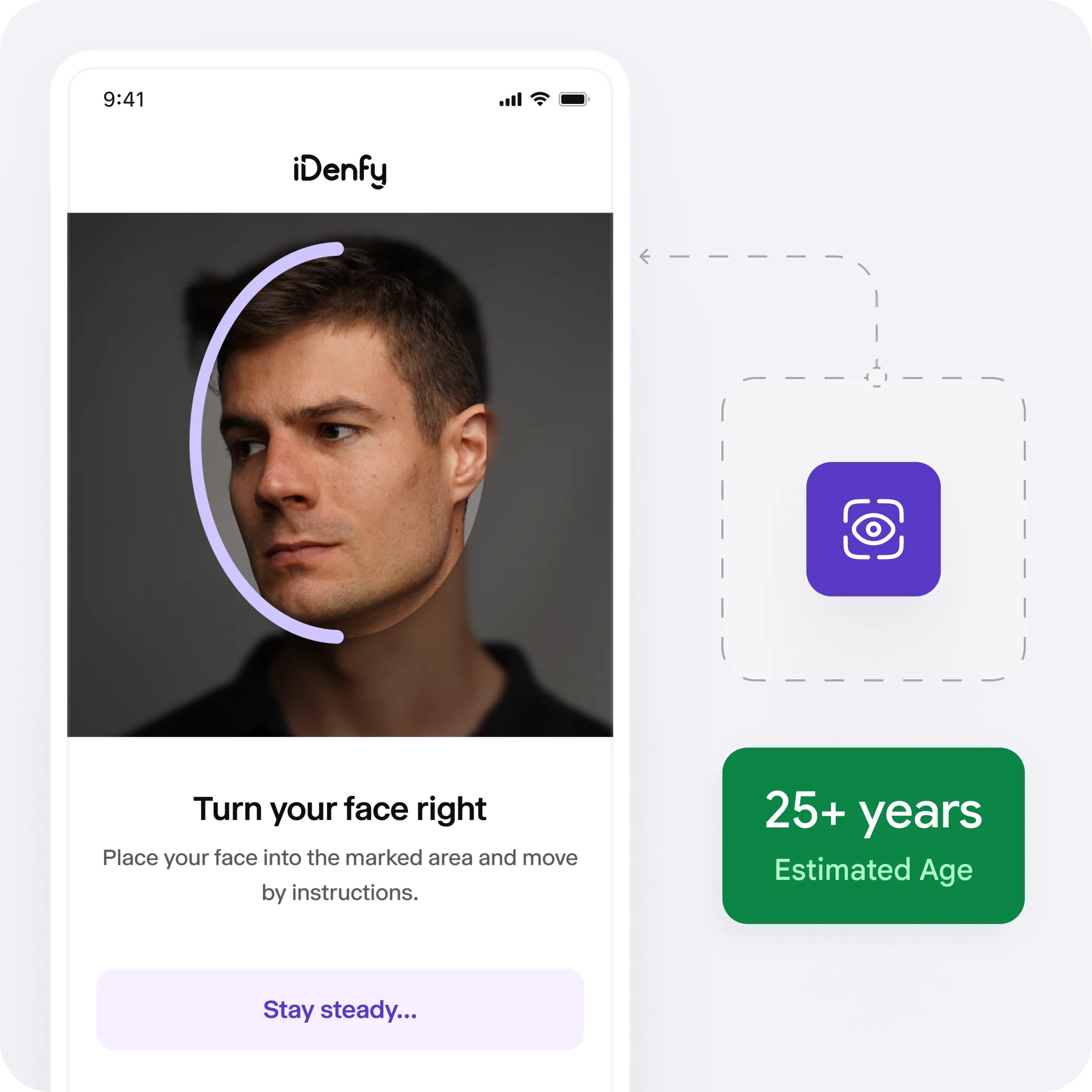 iDenfy facial age estimation interface: selfie capture quality check and age group result