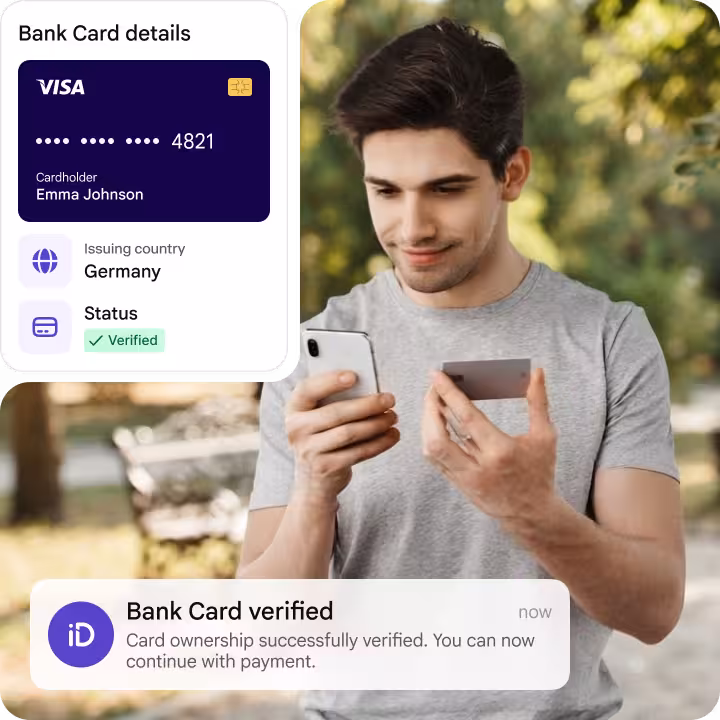 Bank card verification flow showing card capture and identity match result