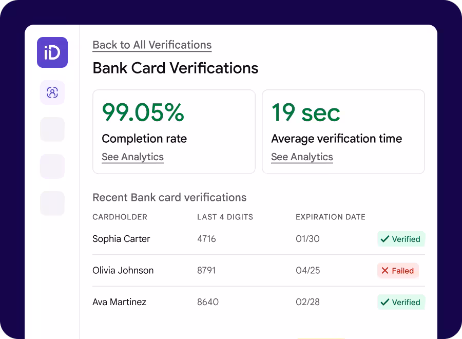 Step-by-step bank card capture and verification flow on mobile