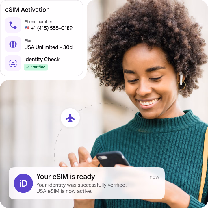 eSIM activation flow showing identity verification, plan selection, and activation confirmation