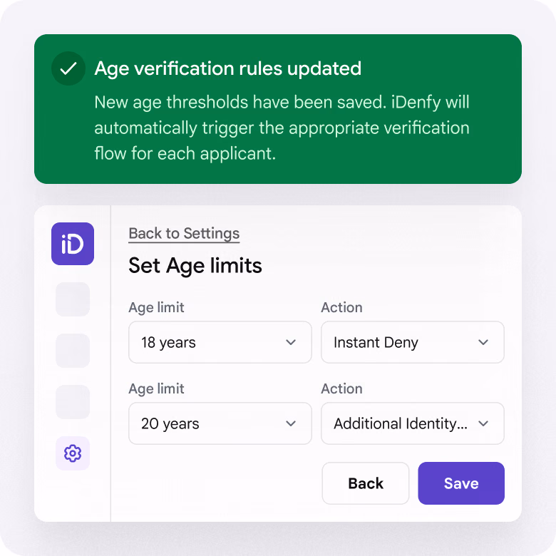 iDenfy dashboard showing age verification rules