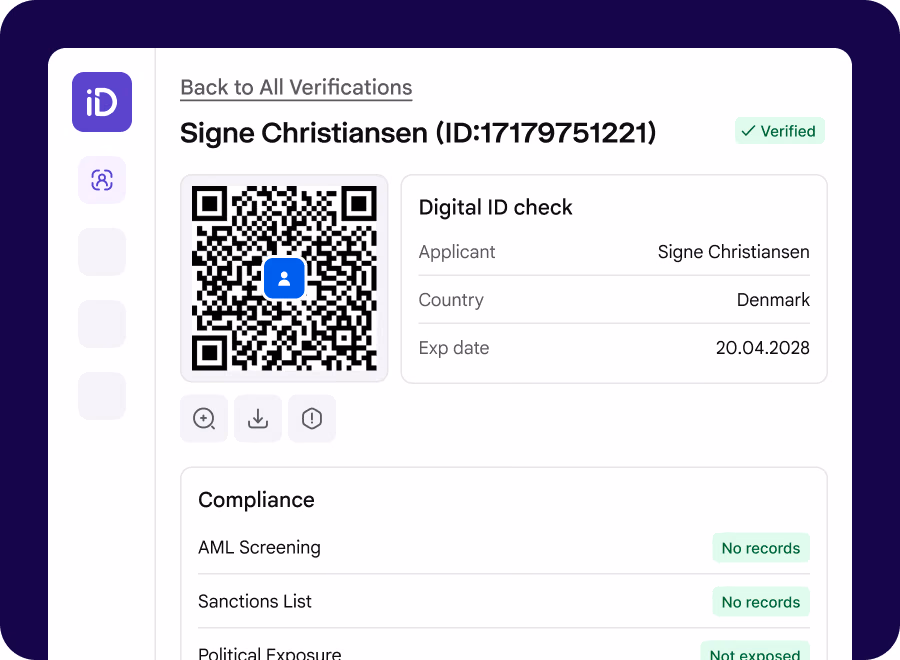iDenfy dashboard showing MitID identity verification and KYC compliance results