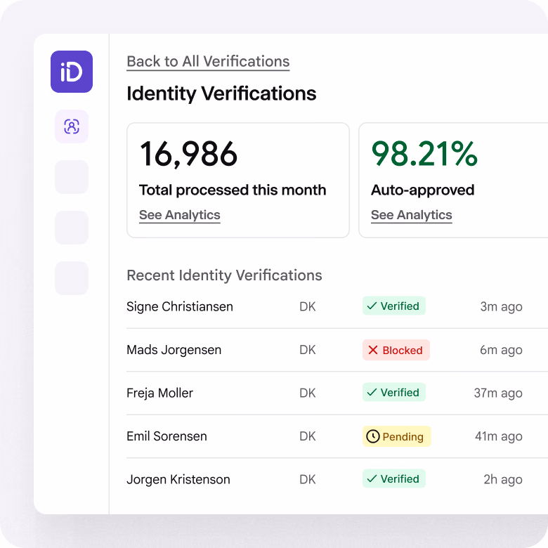 iDenfy dashboard showing identity verification list with Verified, Blocked and Pending statuses