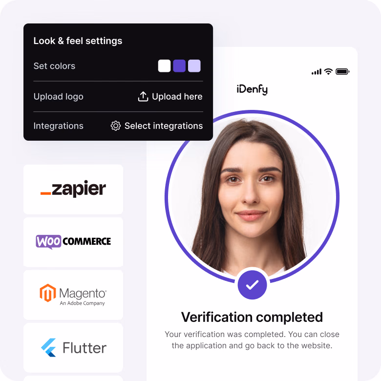 iDenfy white-label verification flow with custom branding settings and integration logos