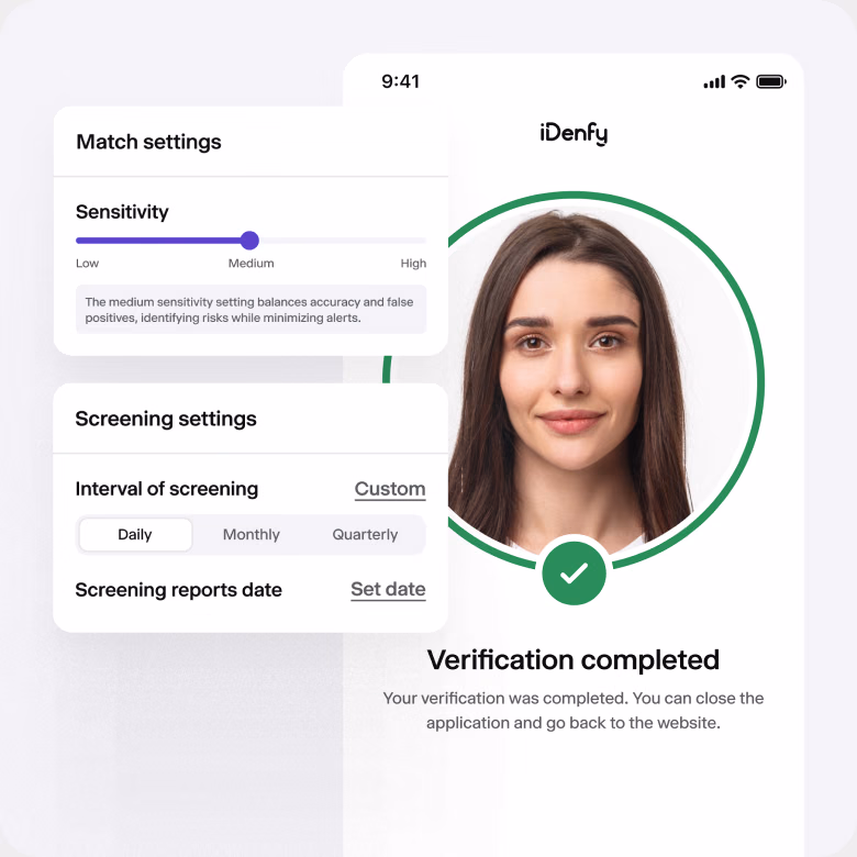 iDenfy rule match sensitivity and screening interval settings alongside a completed verification screen