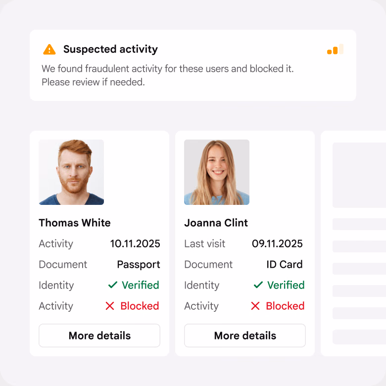 iDenfy suspected activity alert showing blocked identity subjects flagged during ongoing screening
