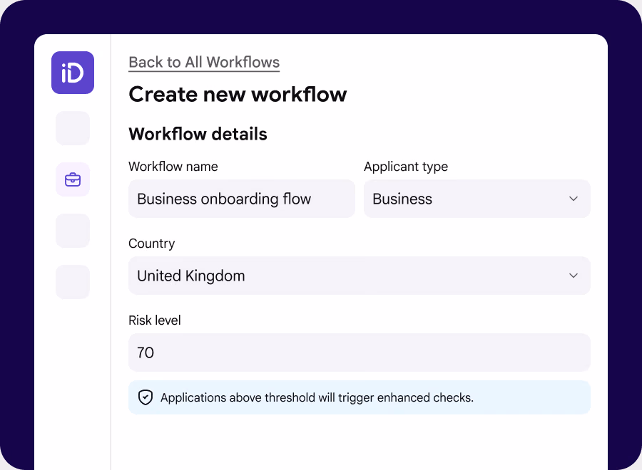 iDenfy custom SQL rule engine workflow builder showing workflow name, applicant type, country, and risk level fields