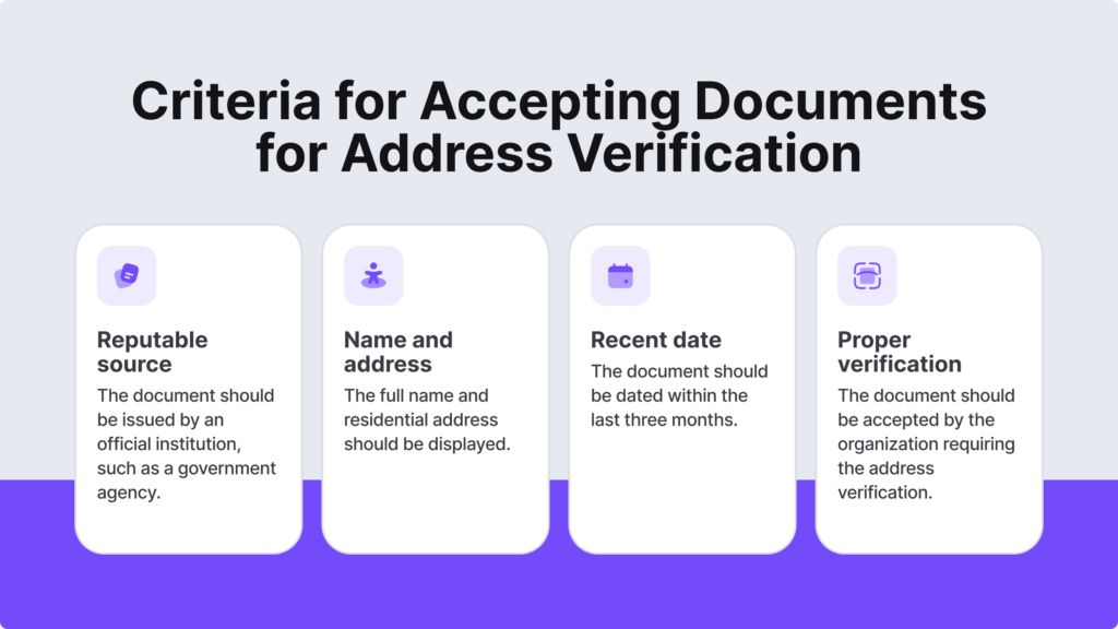 Infographic on the criteria for accepting documents for address verification.